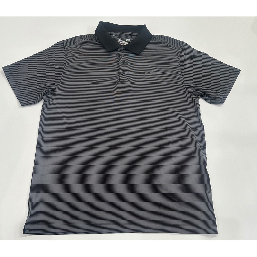 Under Armour HeatGear Mens Polo Shirt Large Black Gray Striped Loose Fit Golf